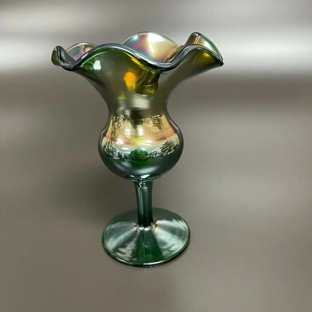 Dugan‎ Glass Green Multicolor Compote Vase Ruffle Tulip 6 3/8